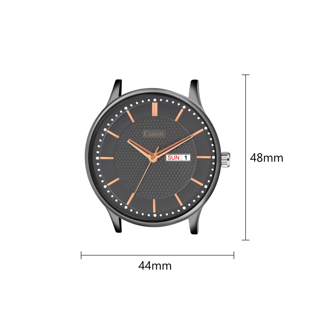 Black analog watch face with rose gold markers, day-date display, and 44mm by 48mm size