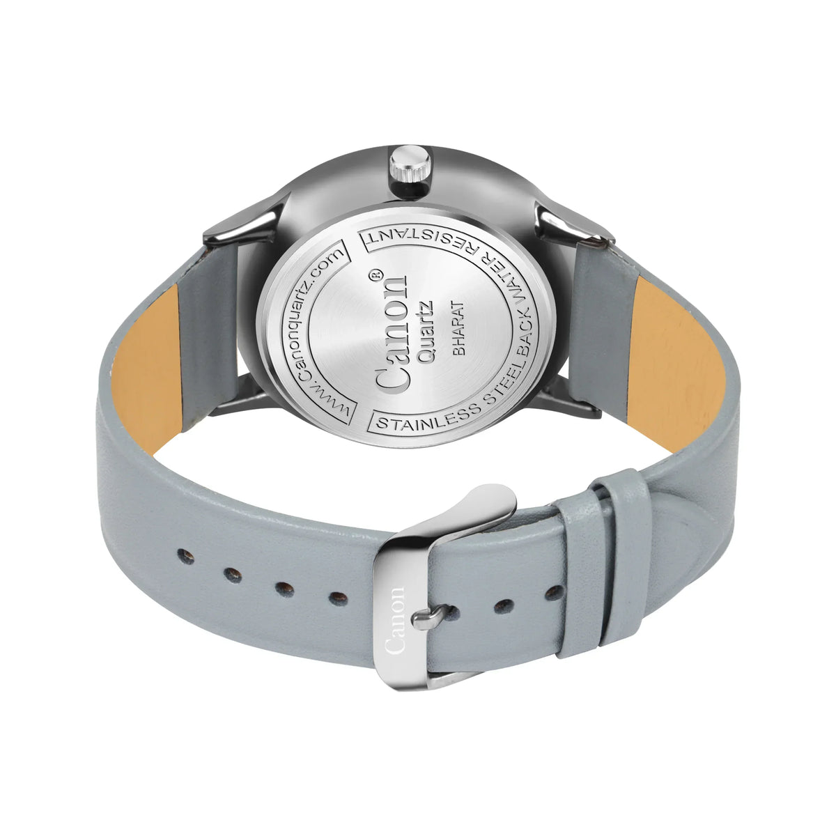Back view of a stainless steel analog watch with a light gray leather strap