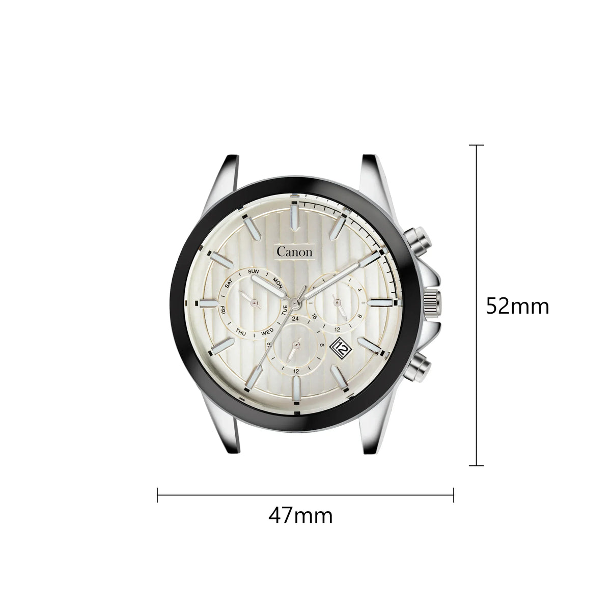 Silver analog men's watch with white dial, subdials, and size dimensions 47mm by 52mm.