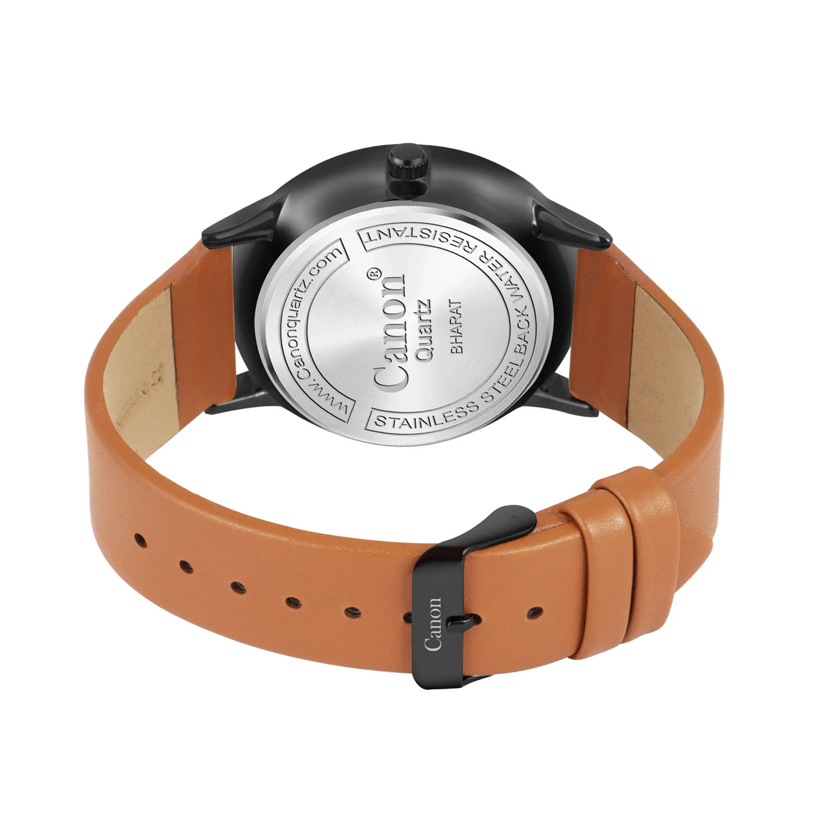 Back view of analog wristwatch with tan leather strap and stainless steel case back