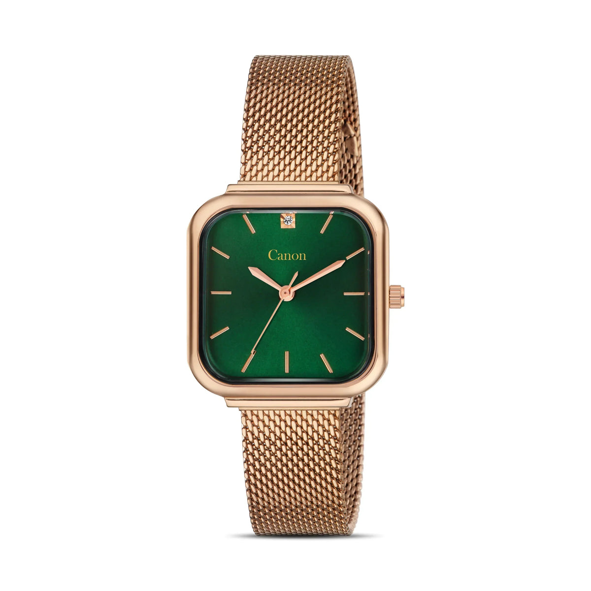 Square rose gold analog watch with green dial and mesh band, classic elegant design