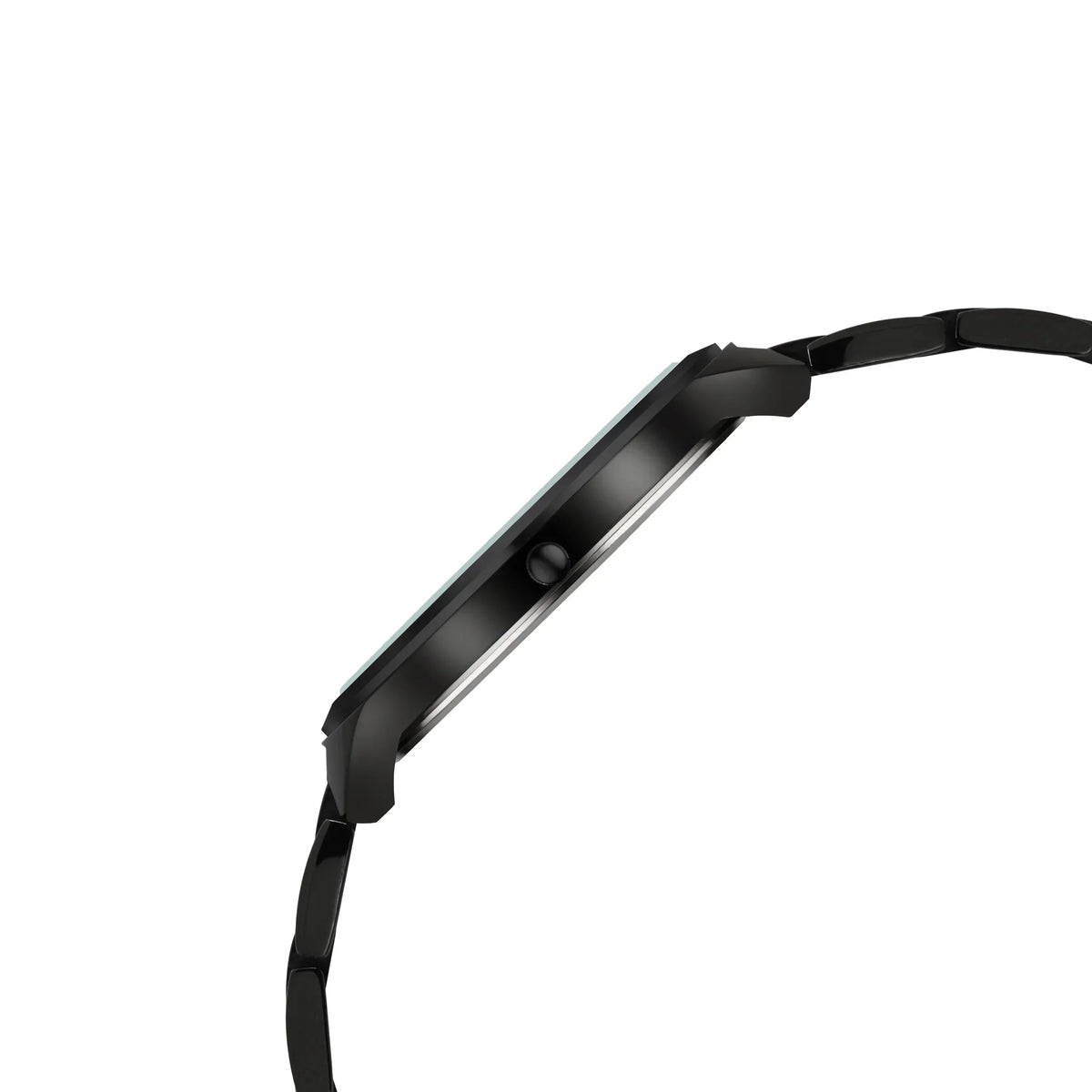 Sleek black analog watch with slim profile and linked bracelet, timeless style for men or women
