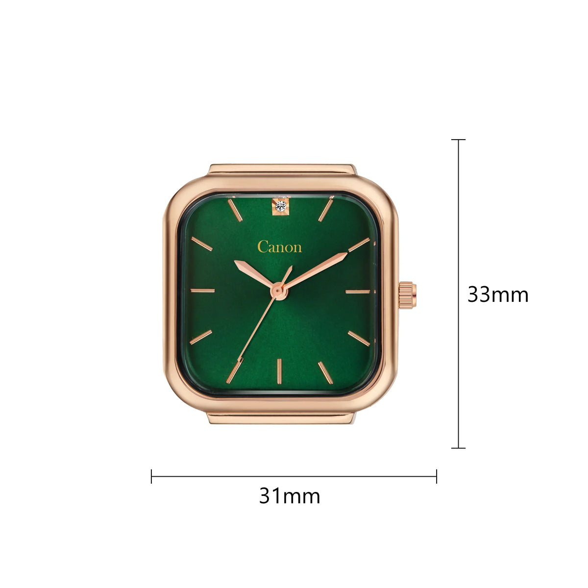 Square green watch face with gold accents, rose gold case, dimensions 33mm by 31mm
