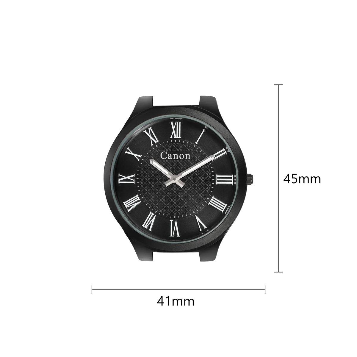 Black analog watch with Roman numerals, 45mm case, Canon brand visible on dial