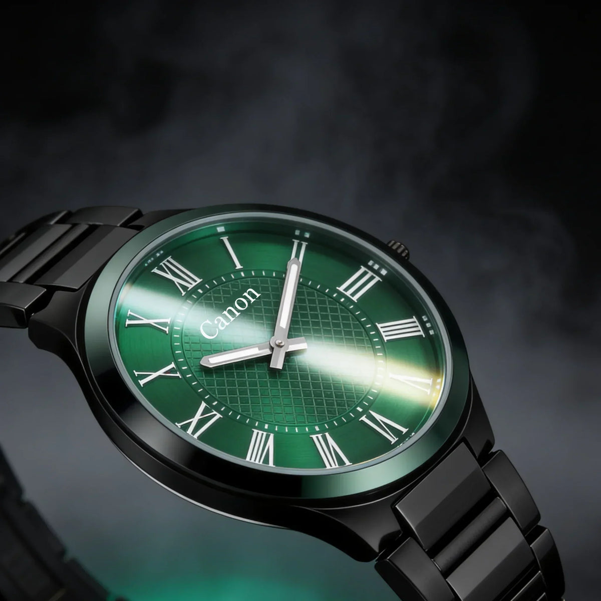 Elegant green dial analog watch with Roman numerals and black metal band, classic men's timepiece