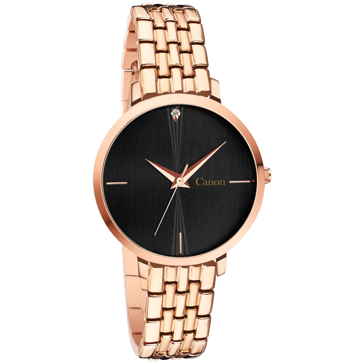 Rose gold wristwatch with black dial, minimalist markers, and 'Canon' logo on face