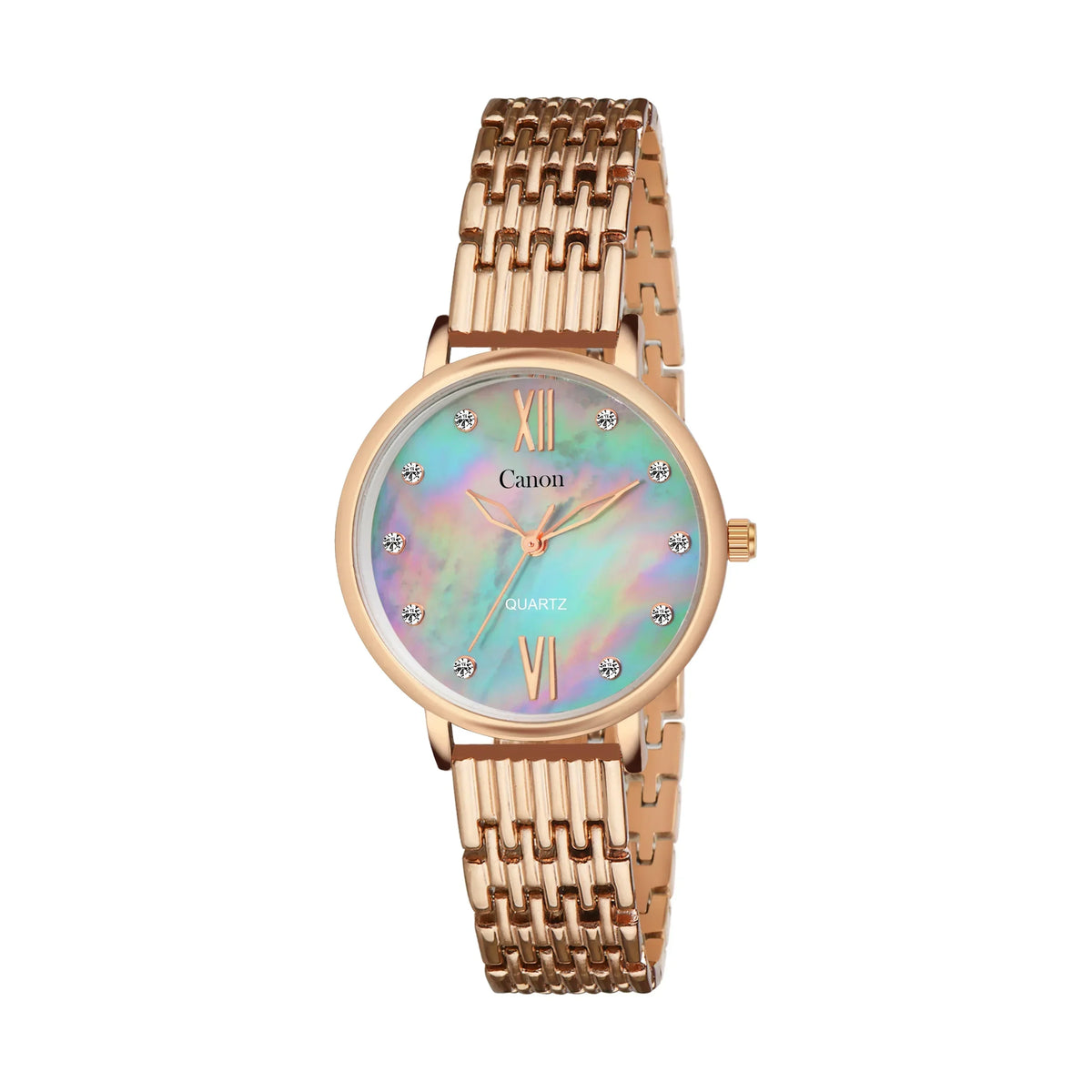 Rose gold analog watch with iridescent face and crystal hour markers, quartz movement
