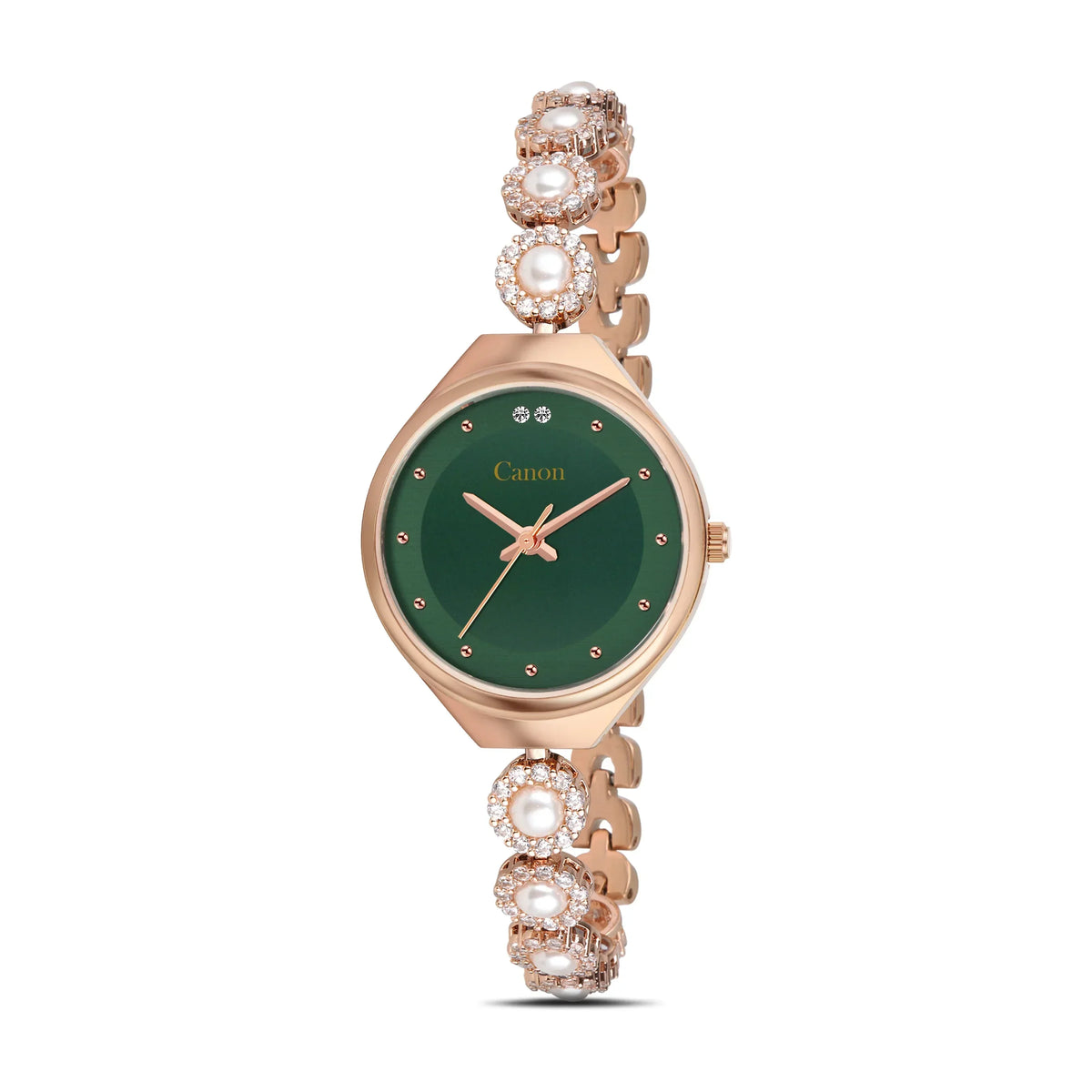Elegant rose gold watch with green dial, pearl & crystal accents, analog quartz design for women
