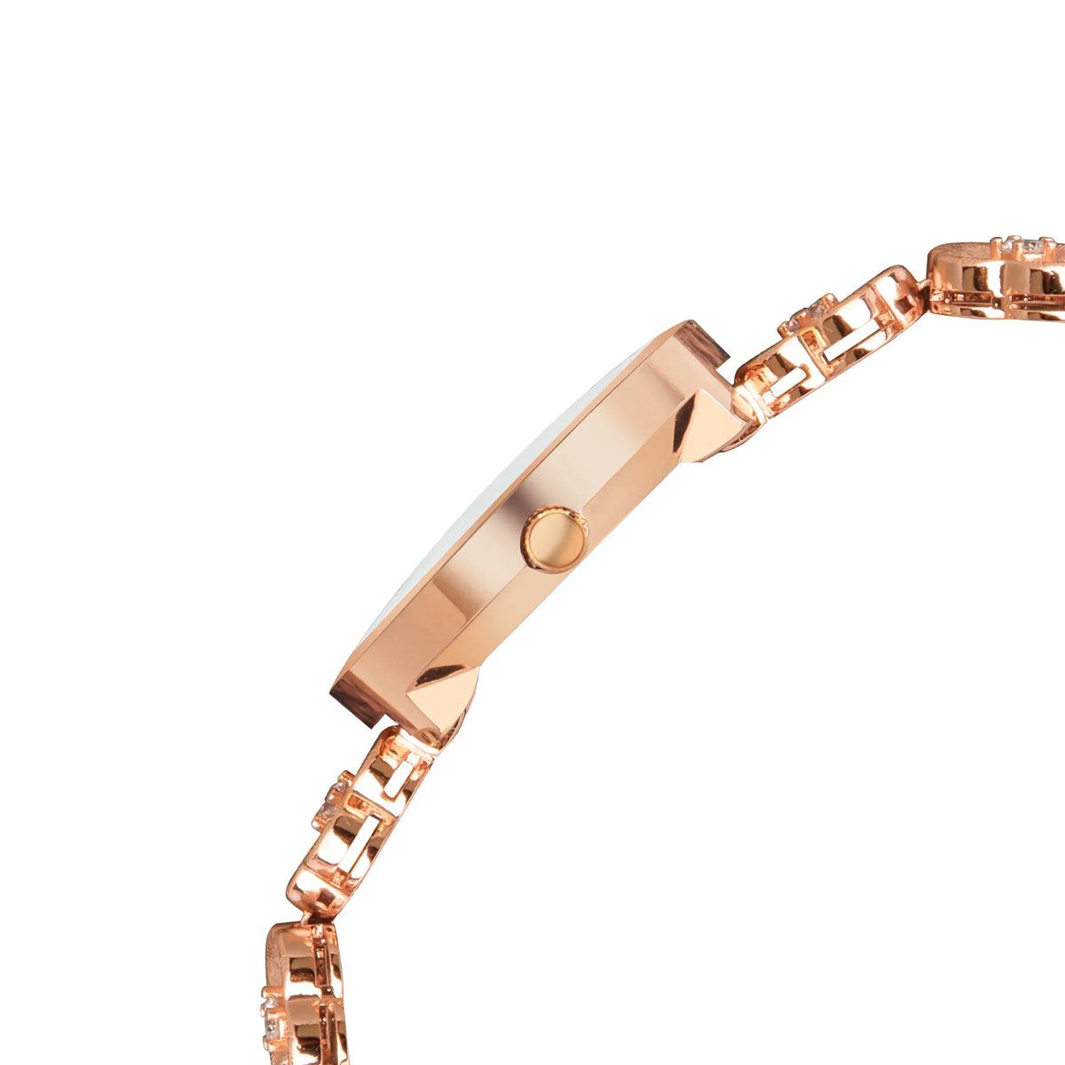 Side view of a rose gold analog watch with a metal link bracelet on white background