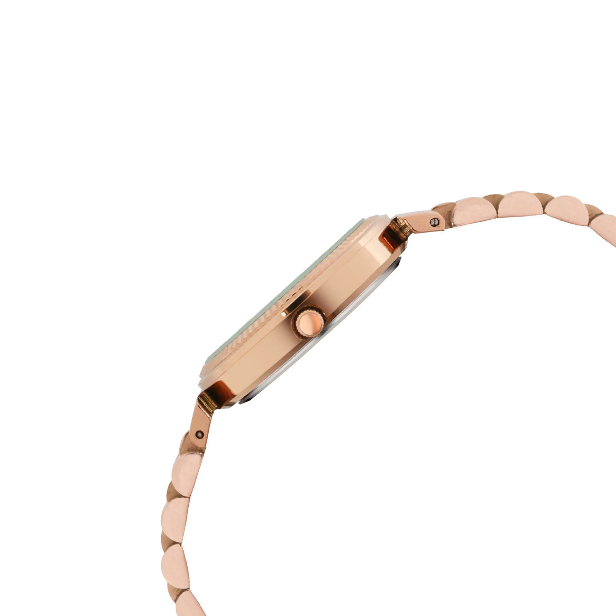 Side view of a rose gold analog watch with a metal bracelet and slim profile