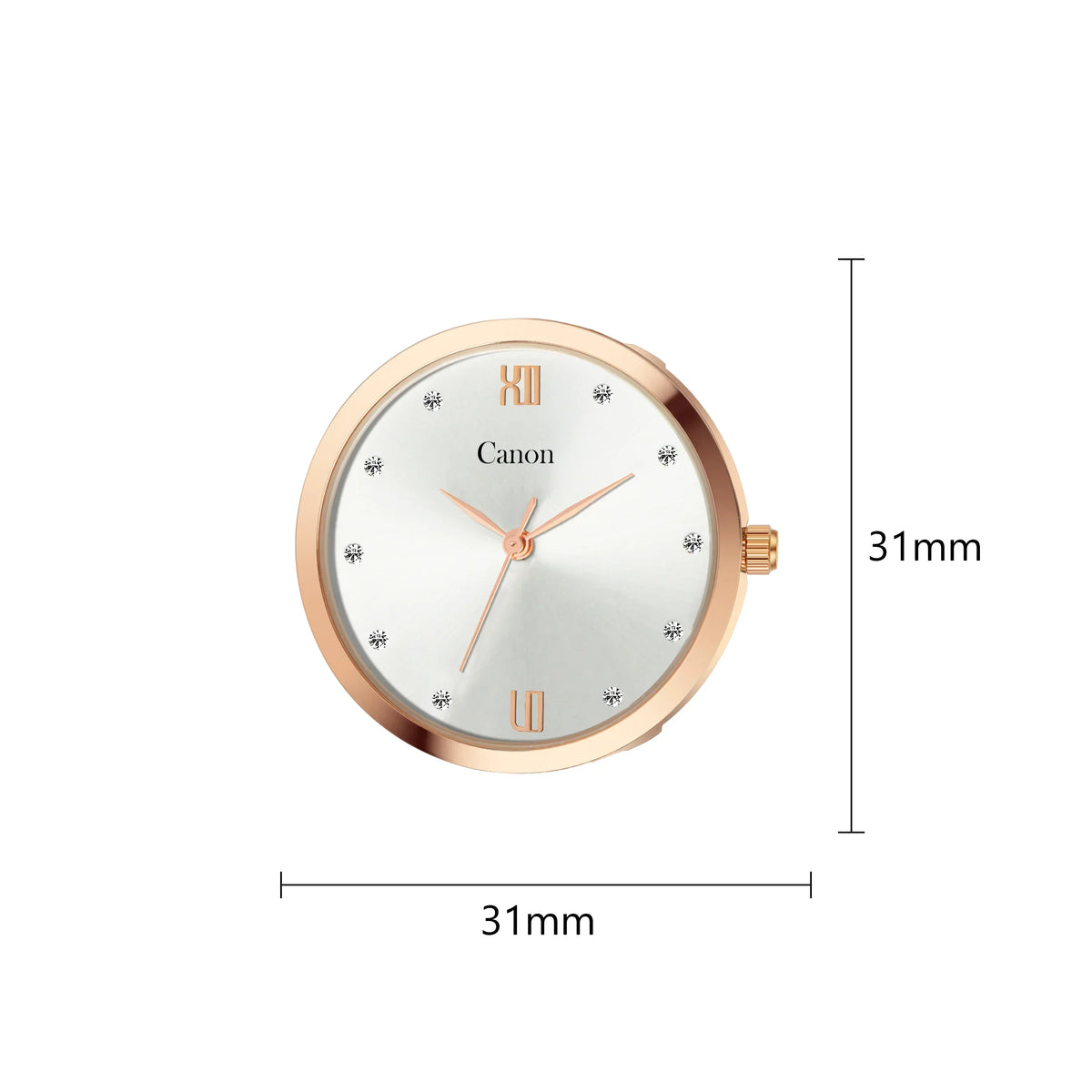 Rose gold analog watch face with Roman numerals, crystal markers, 31mm diameter