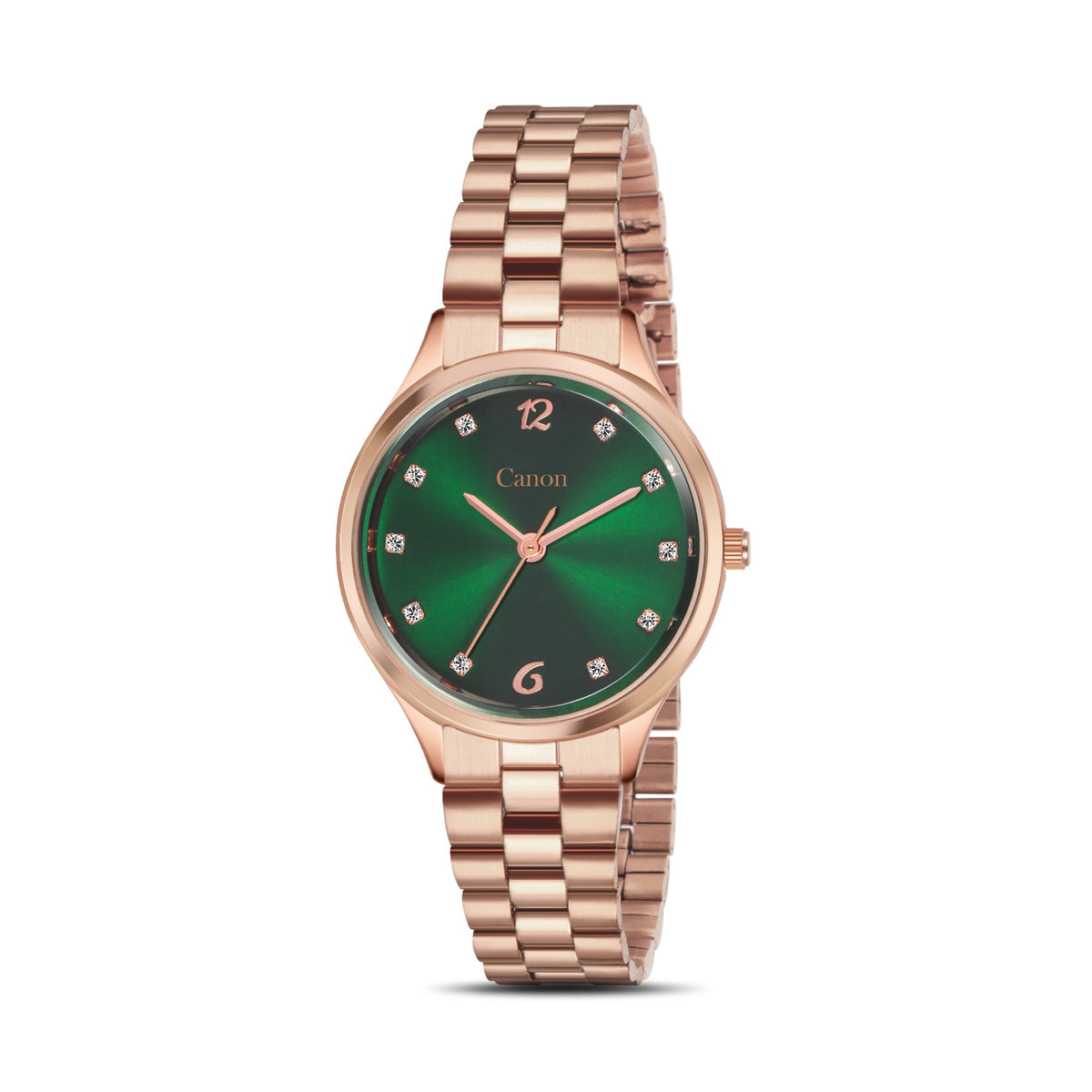 Canon Quartz CN-528 emerald green dial rose gold crystal watch for women