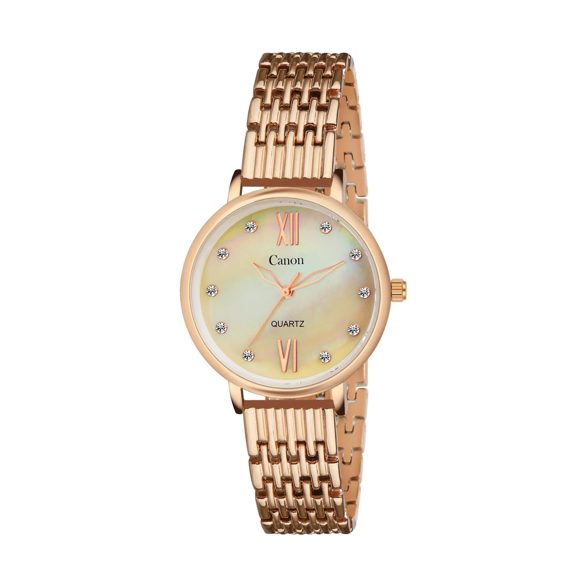 Rose gold women's analog quartz watch with a round mother-of-pearl dial and crystal hour markers