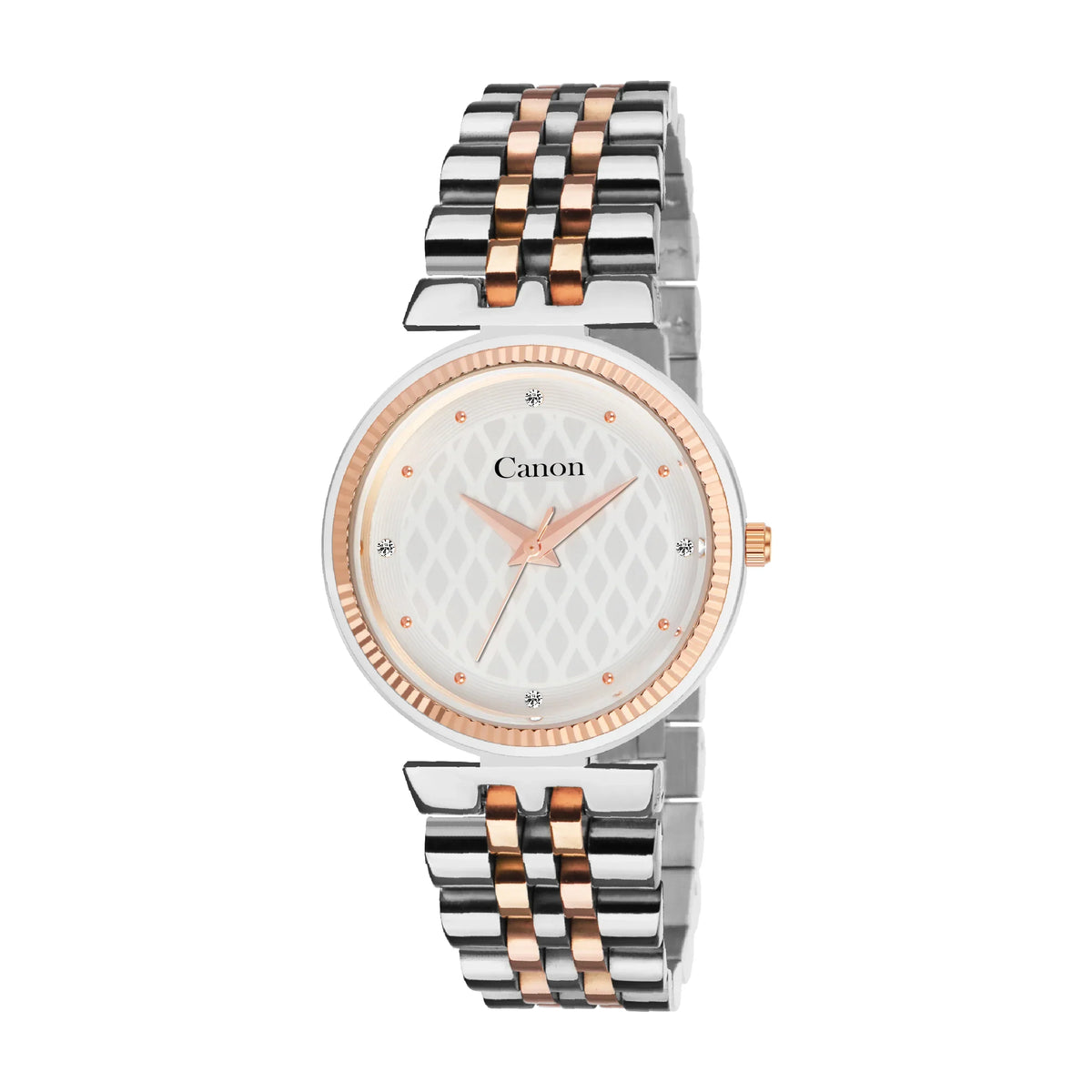 Elegant analog watch with rose gold and silver metal bracelet, patterned white dial and crystal markers