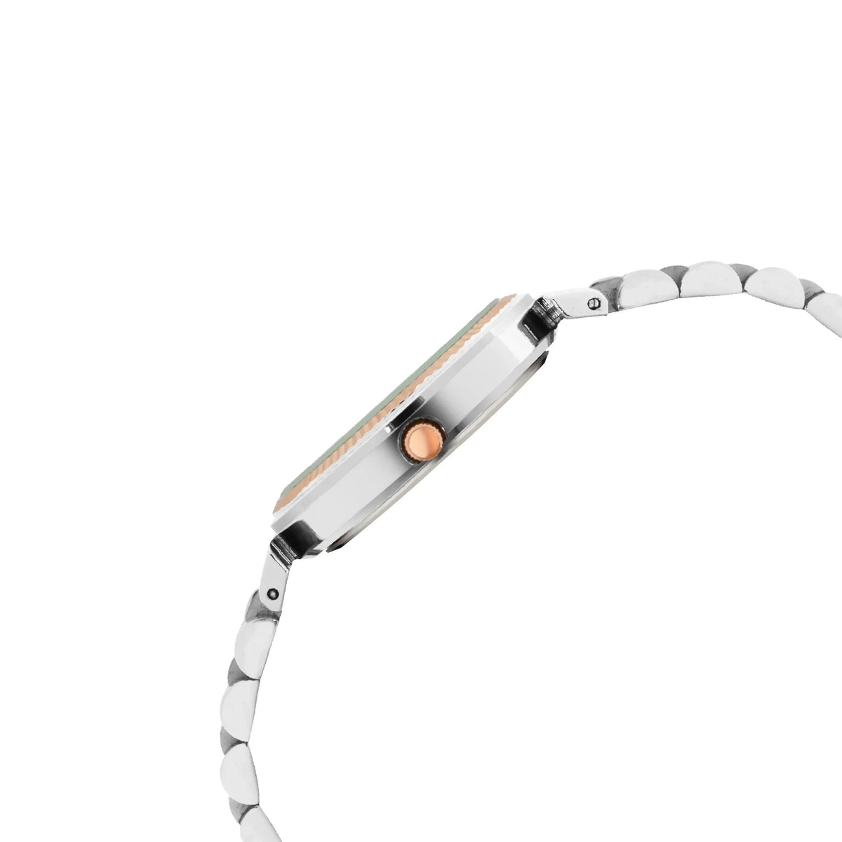 Side view of a slim silver analog watch with rose gold crown and metal link band