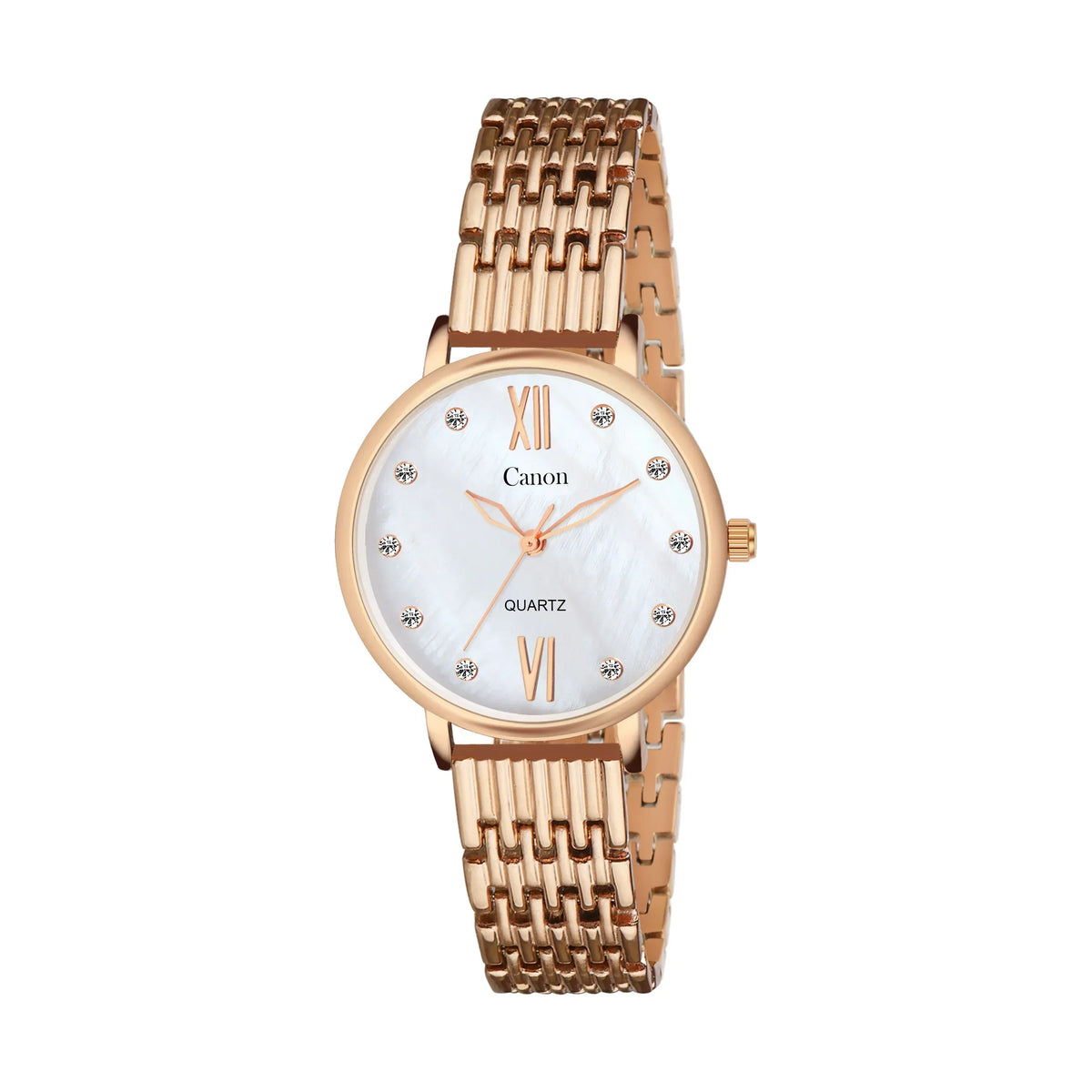 Rose gold analog quartz watch with white dial and crystal hour markers for women