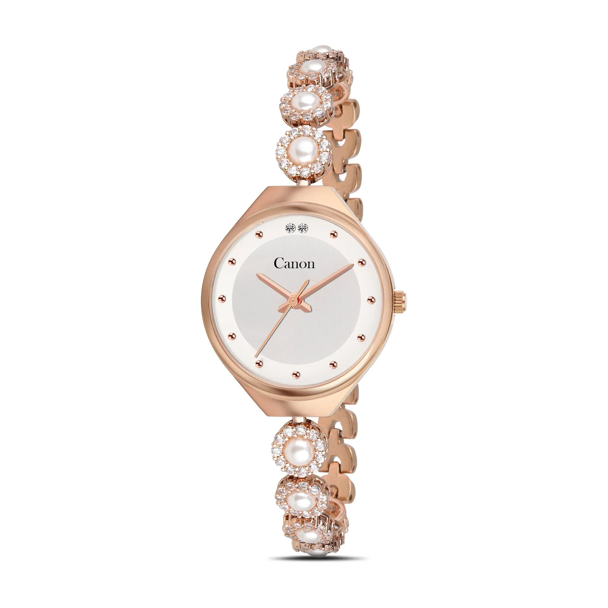 Elegant rose gold watch with pearl and crystal accents, white dial, and Canon branding