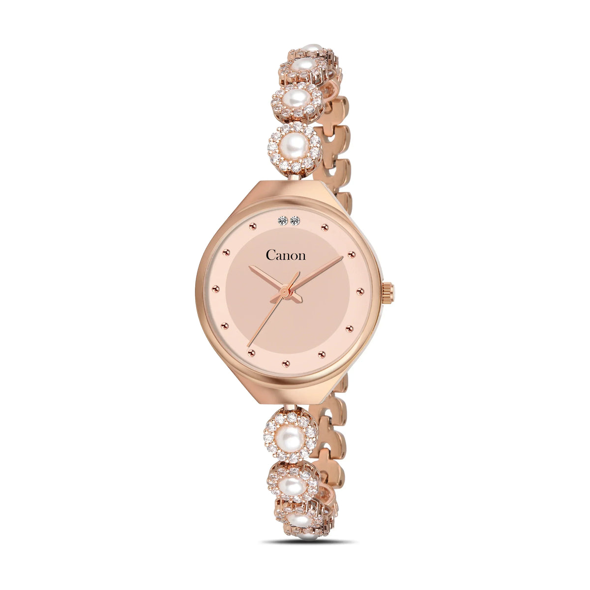 Elegant rose gold analog watch with pearl and crystal embellished bracelet, featuring a minimalist dial and Japanese quartz movement.