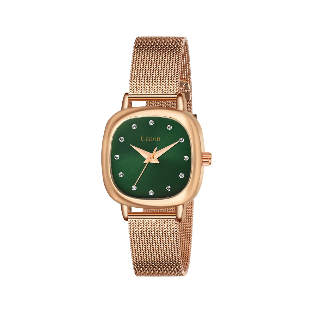 Rose gold mesh strap analog watch with green dial and crystal hour markers for women