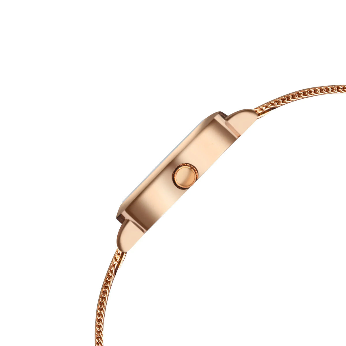 Side view of a slim rose gold analog watch with mesh strap on white background