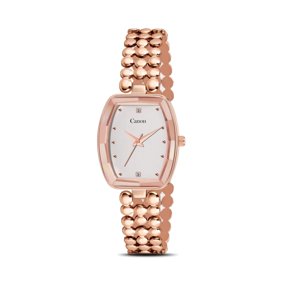 Canon Quartz CN-524 rose gold tonneau watch for women with silver dial and crystal markers