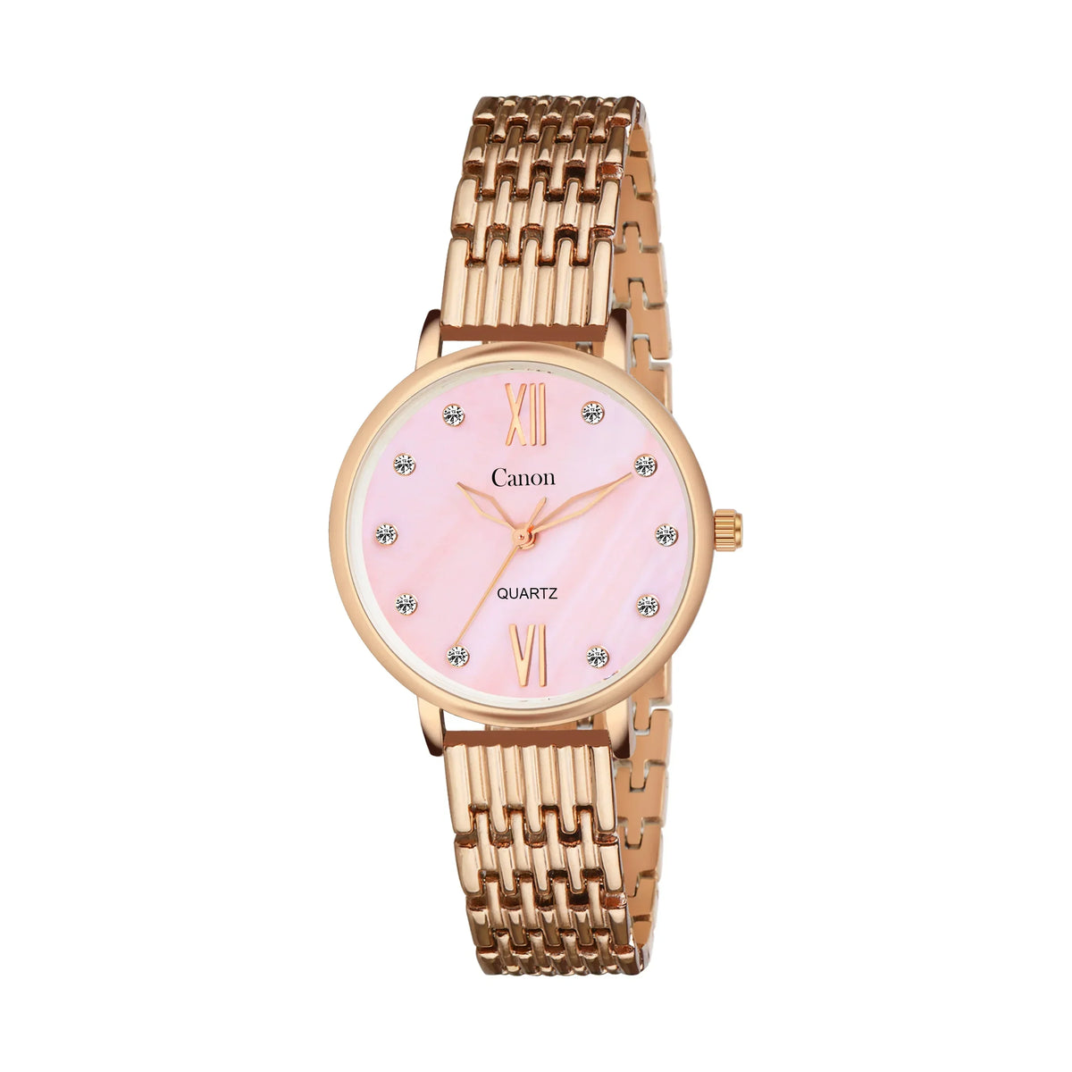 Rose gold analog quartz watch with pink dial and crystal hour markers for women
