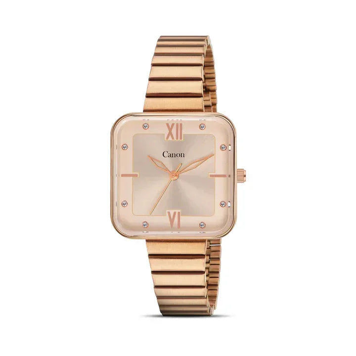Rose gold square analog watch with metallic band and Roman numerals for men and women