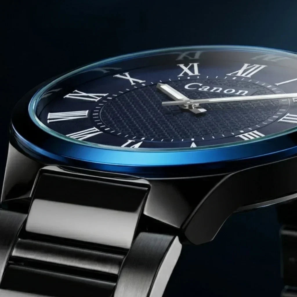 Canon analog watch with blue dial, Roman numerals, and black metal strap for men or women