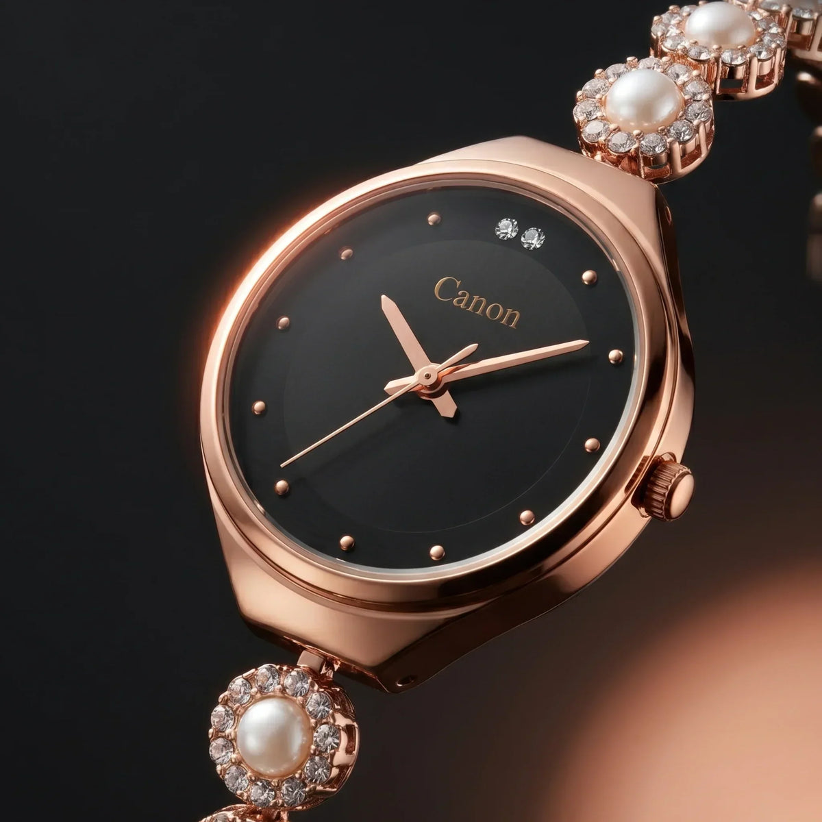 Elegant rose gold analog watch with black dial, pearl & crystal accents, Japanese Miyota movement