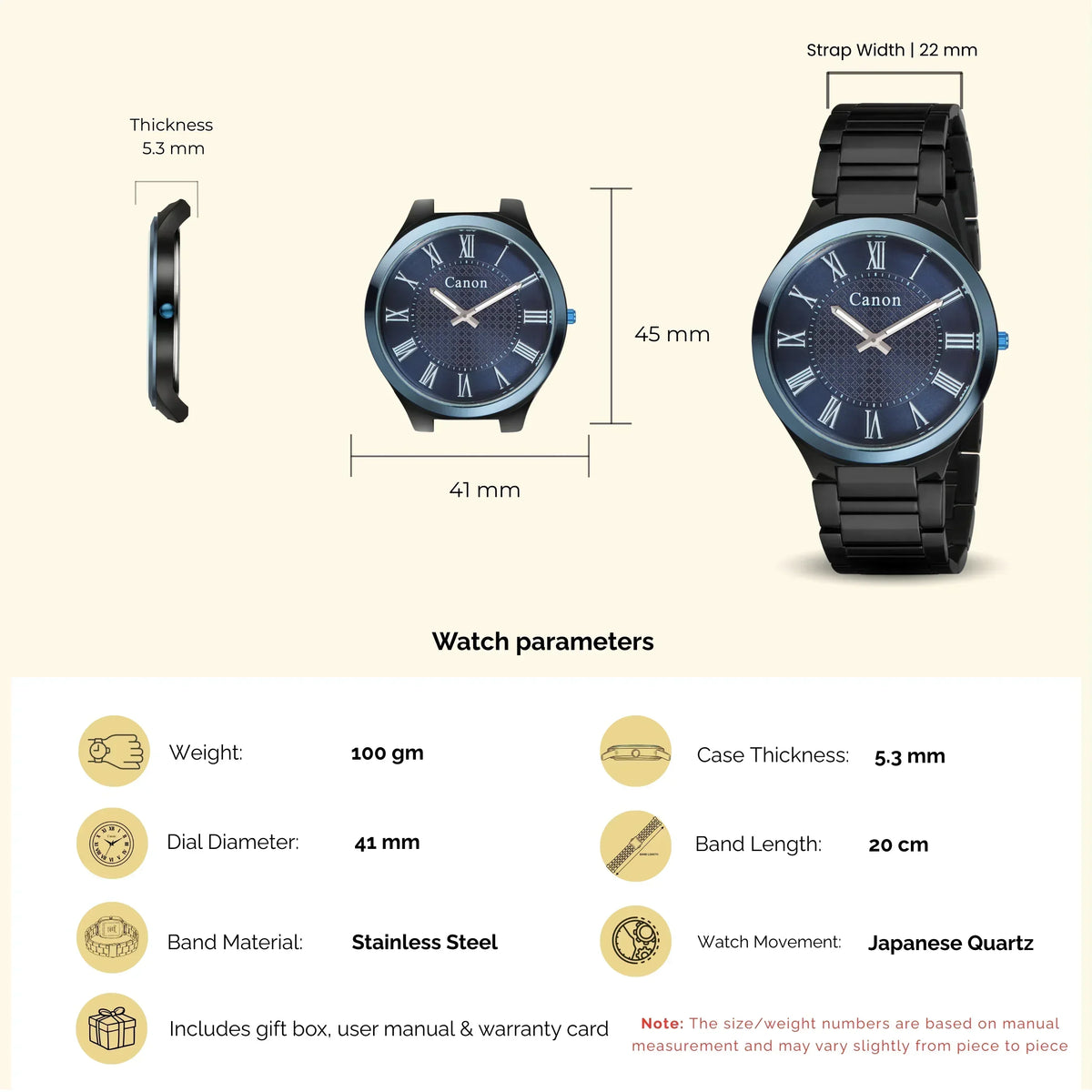 Canon analog watch with blue dial, stainless steel band, 41mm case, Japanese Quartz movement