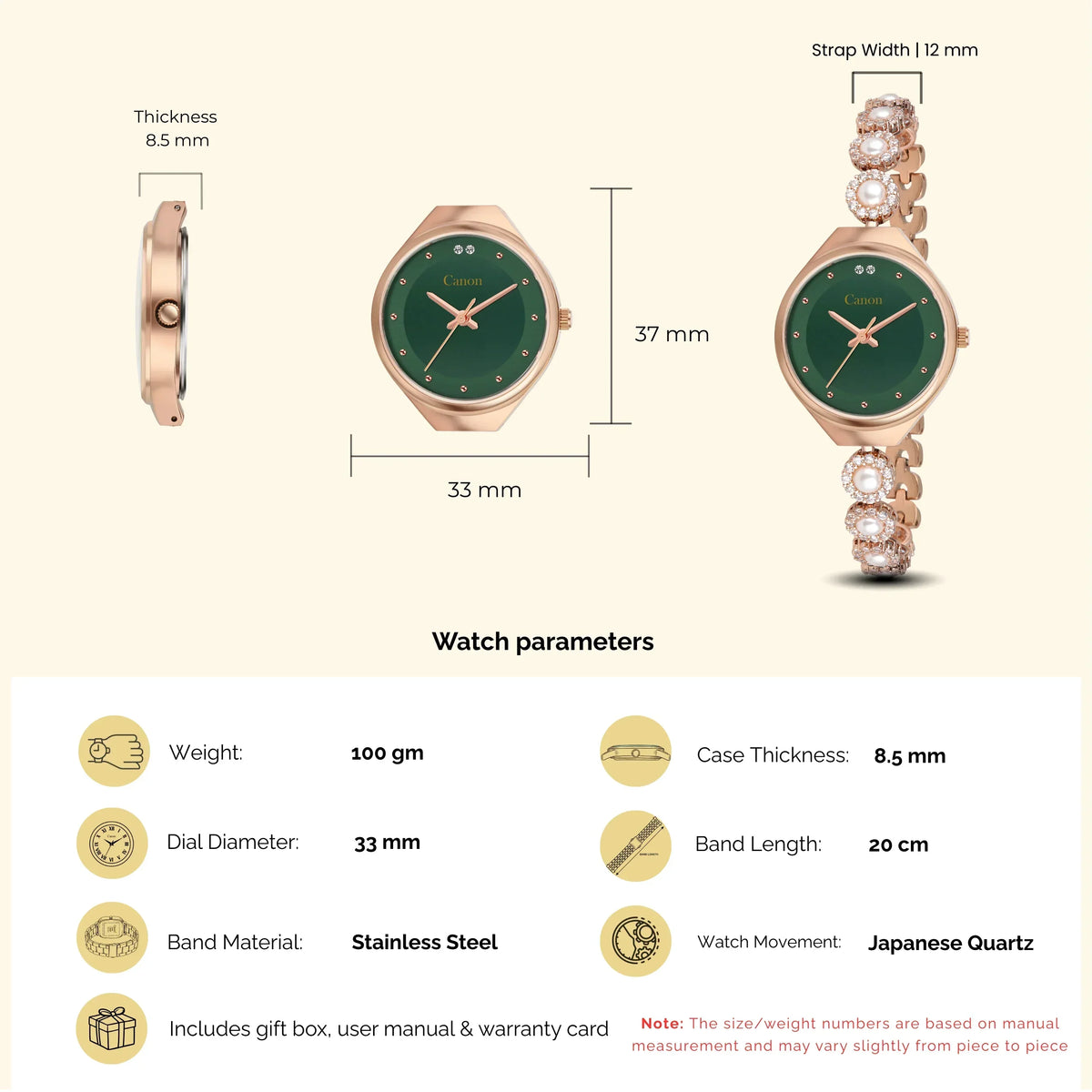 Elegant green dial watch with rose gold case, pearl & crystal strap, 33mm, Japanese Quartz movement