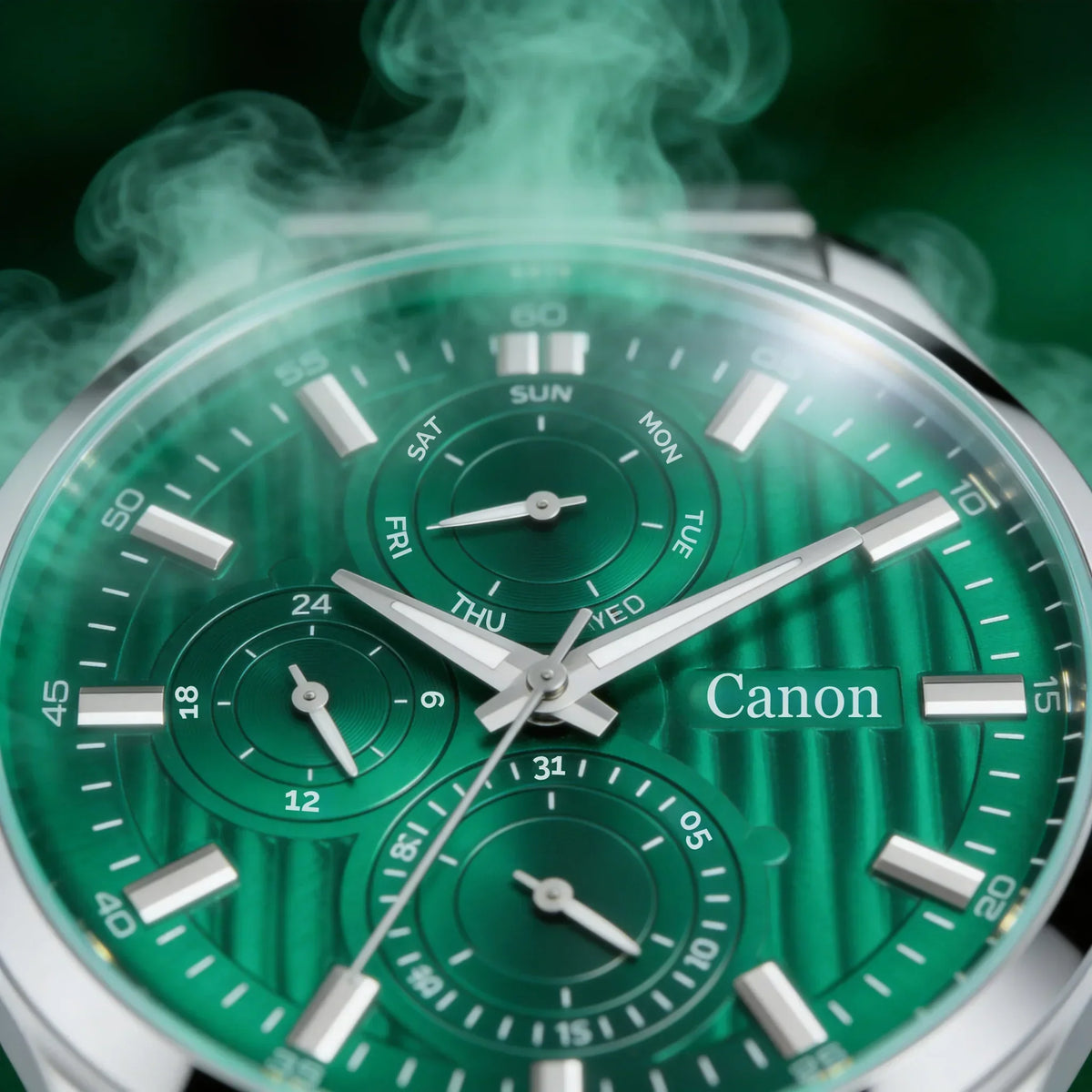 Green analog chronograph watch with silver markers, day and date subdials, and Canon logo.