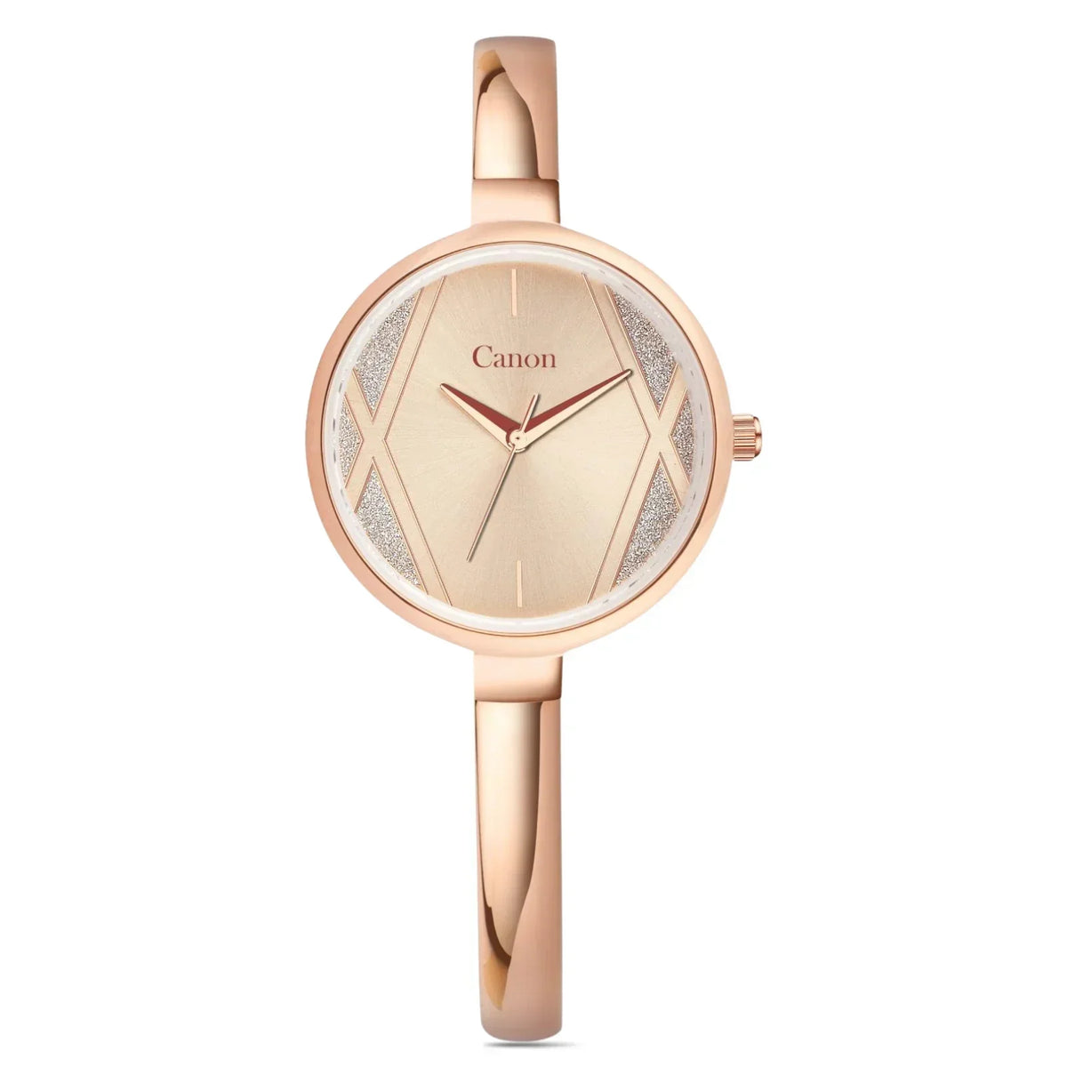 Rose gold women’s analog watch with sleek bangle band and decorative dial accents