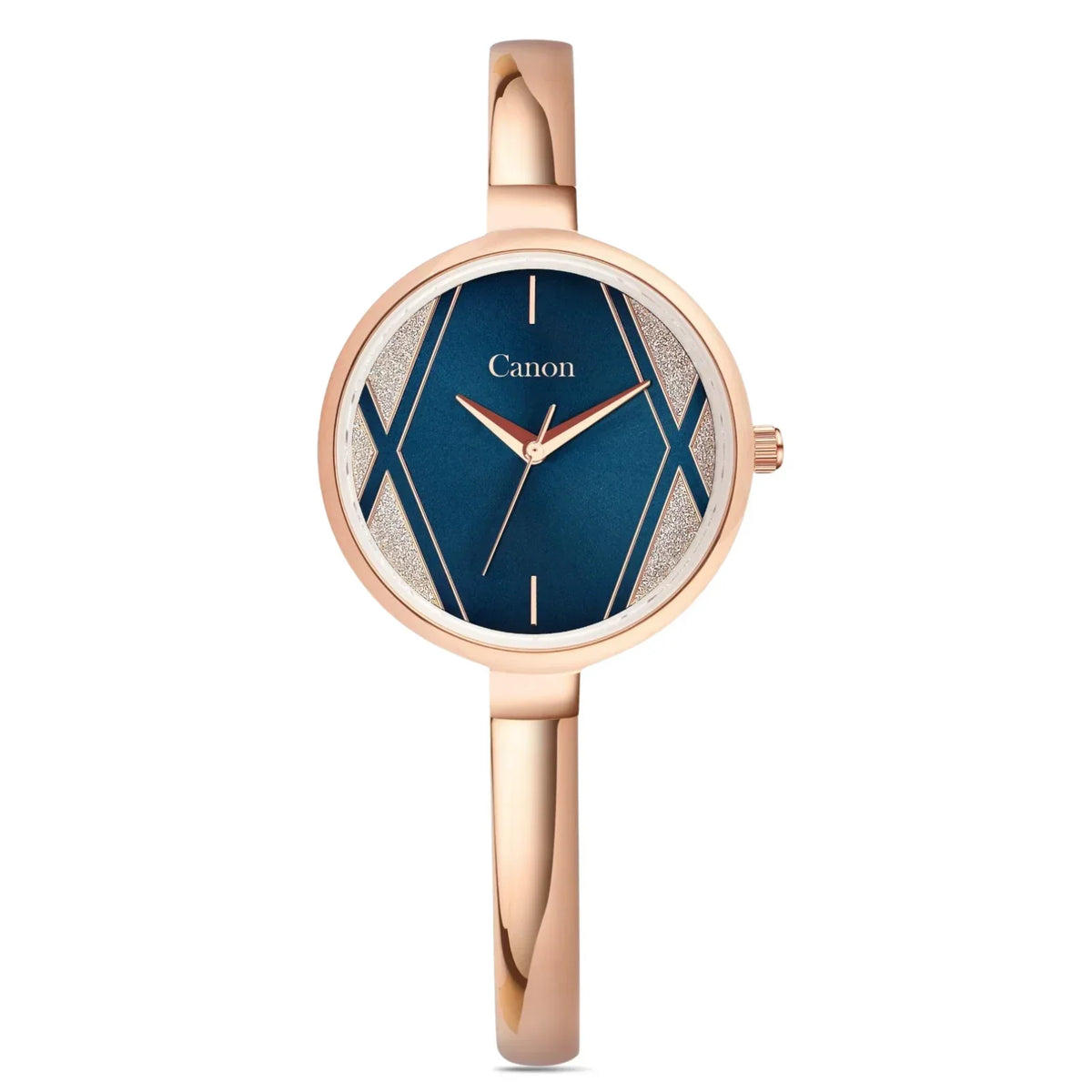 Rose gold analog watch with blue geometric dial and slim metal band for women