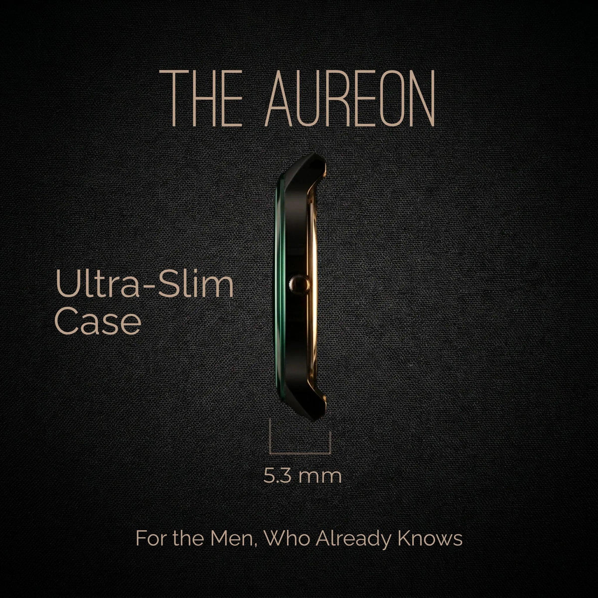 The Aureon ultra-slim 5.3mm watch case for men, sleek black and gold design