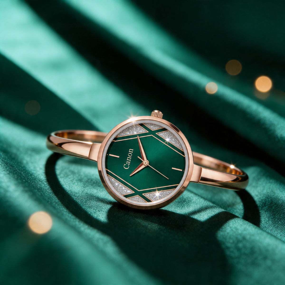 Elegant rose gold women's analog quartz watch with green dial, diamond accents, and bangle strap on velvet