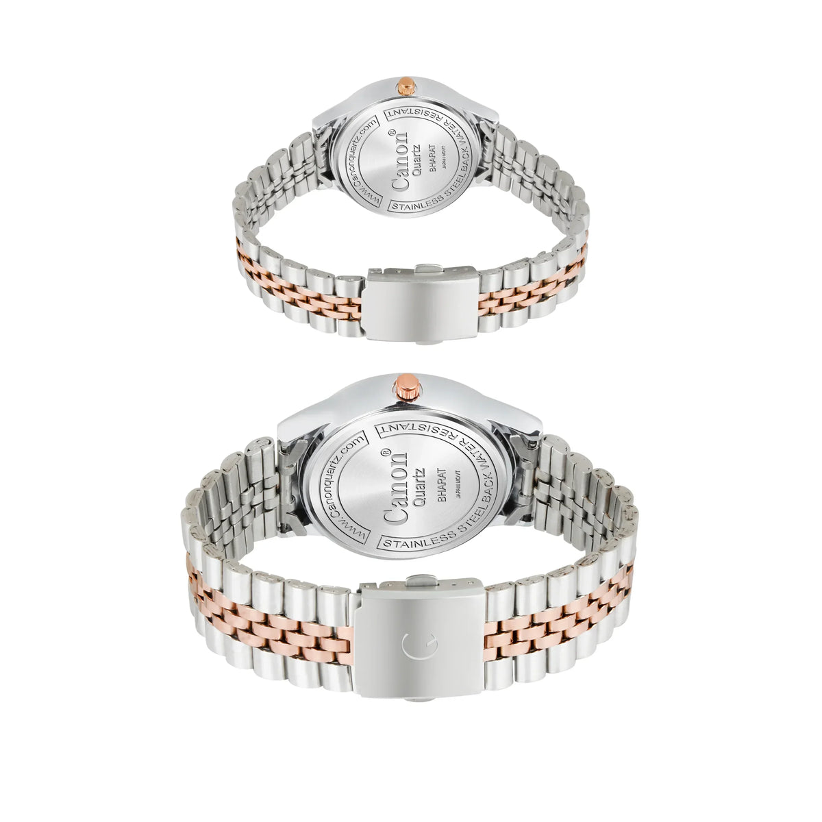 Two stainless steel wristwatches with rose gold accents shown from the back on white background