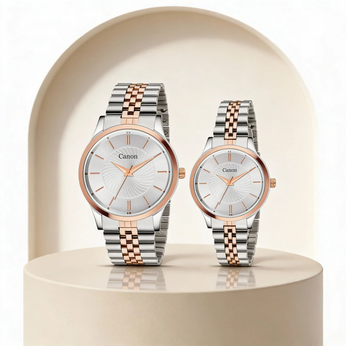 Elegant silver and rose gold analog watches for men and women with metallic bands on display.