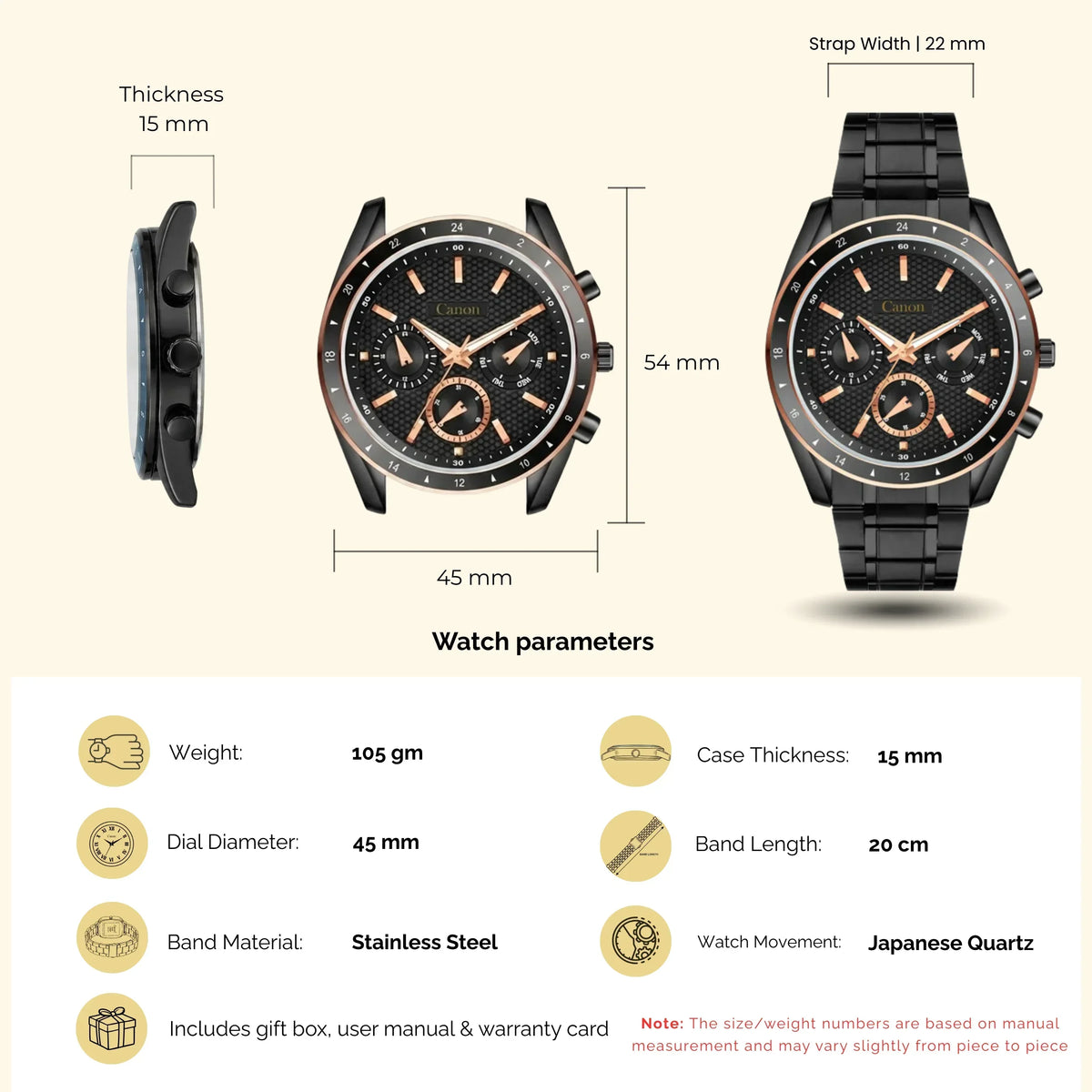 Black stainless steel analog men's watch with gold accents, chronograph features, and size details