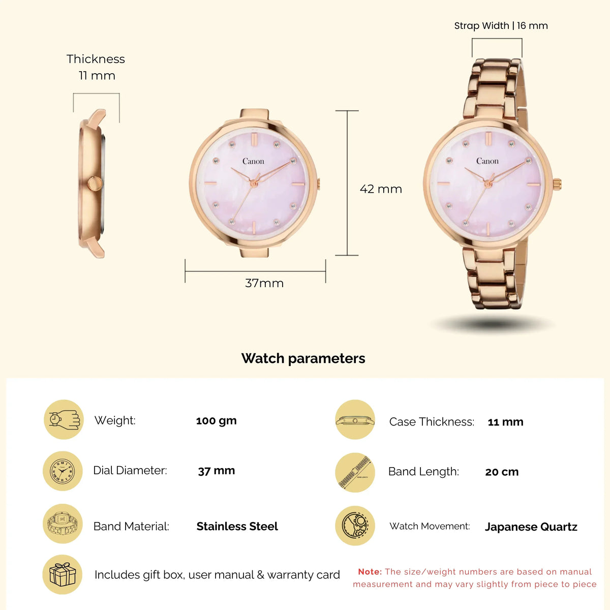 Rose gold analog wristwatch with pink dial, stainless steel band, and size specifications