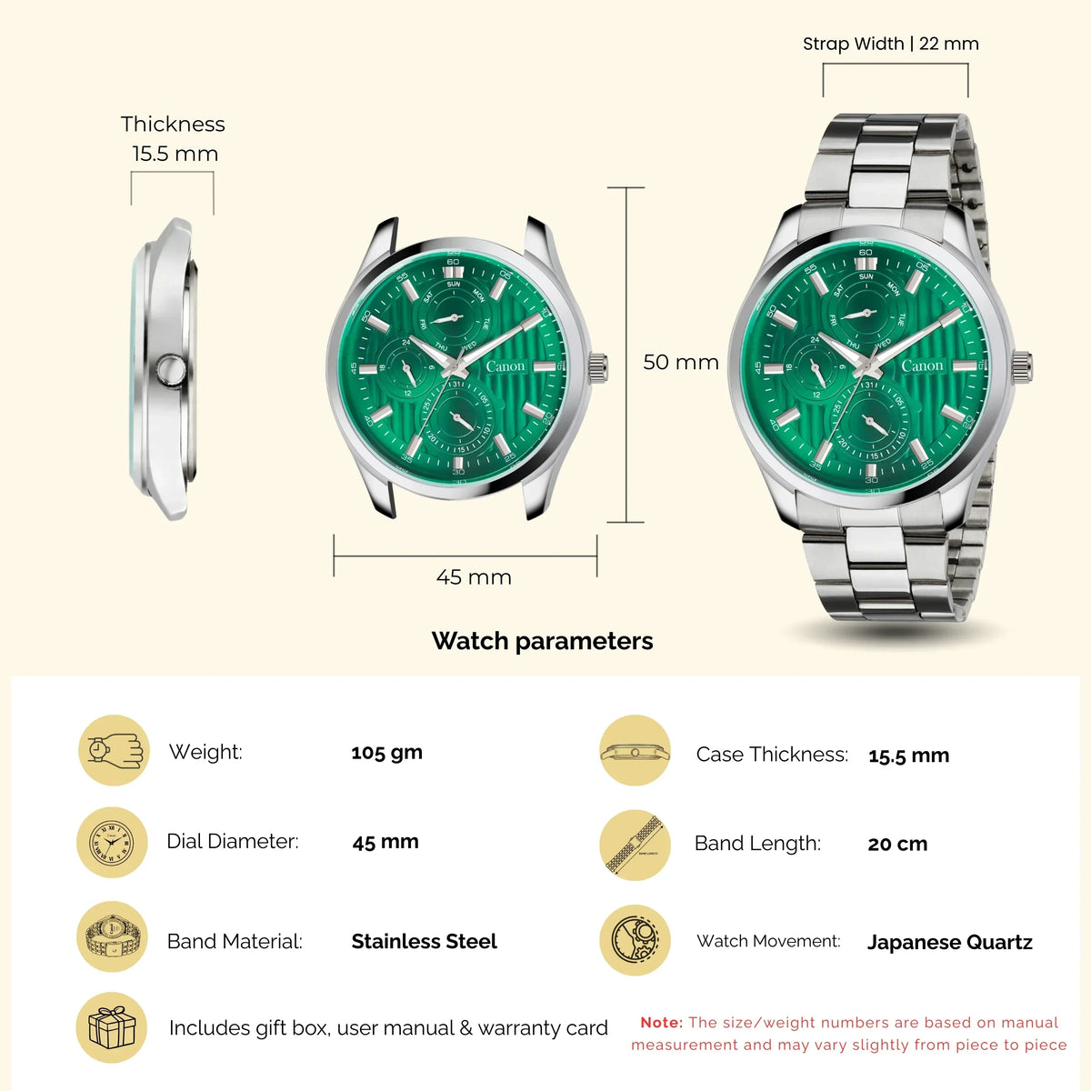Stainless steel analog watch with green dial, chronograph subdials, and size dimensions shown