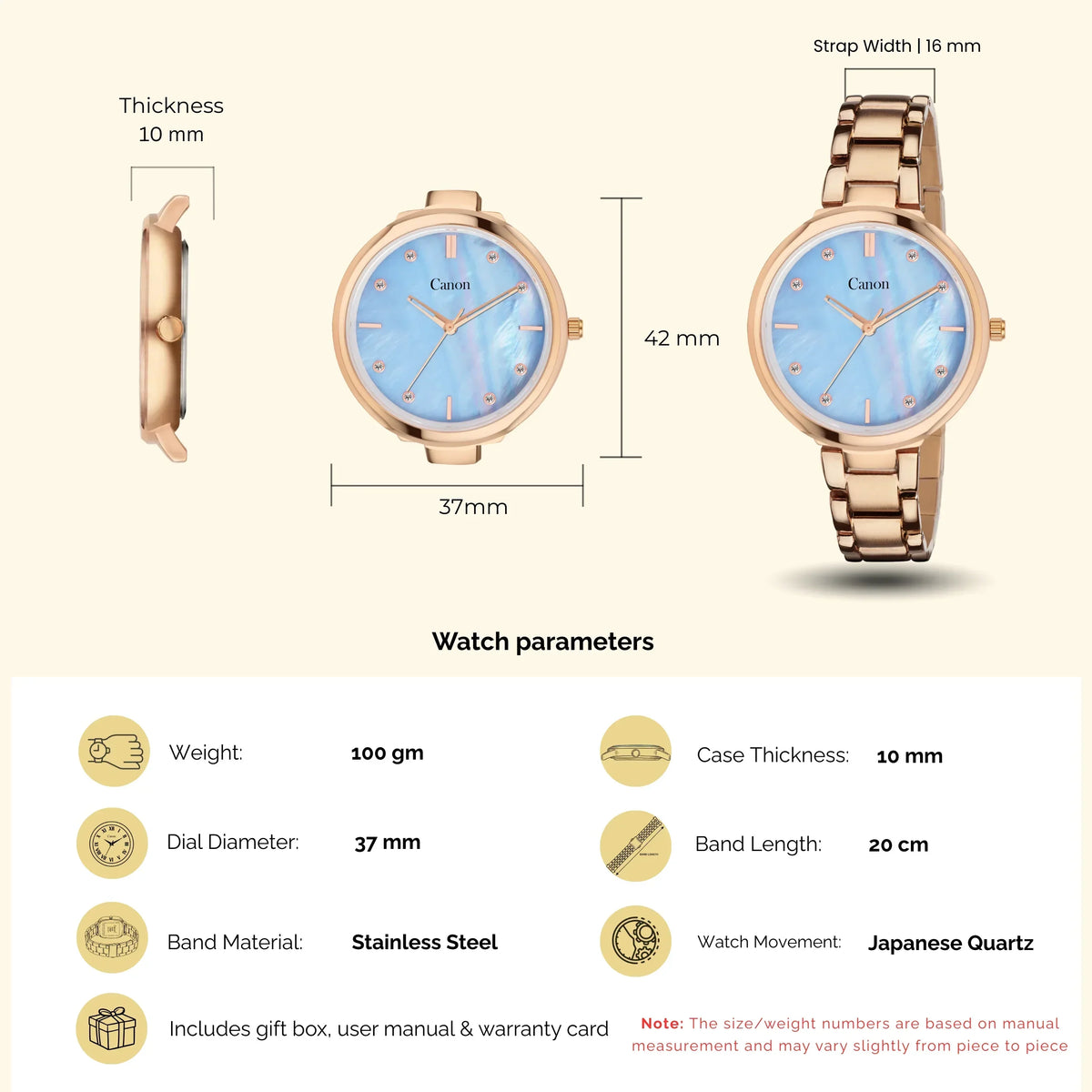 Rose gold analog wristwatch with blue dial, stainless steel band, and detailed size specifications