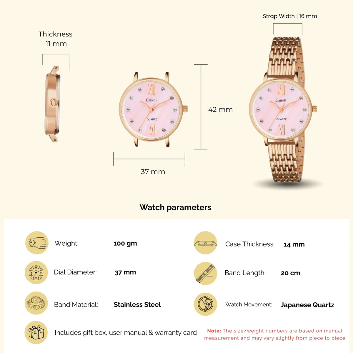 Rose gold analog watch with pink dial, stainless steel band, and watch specifications diagram