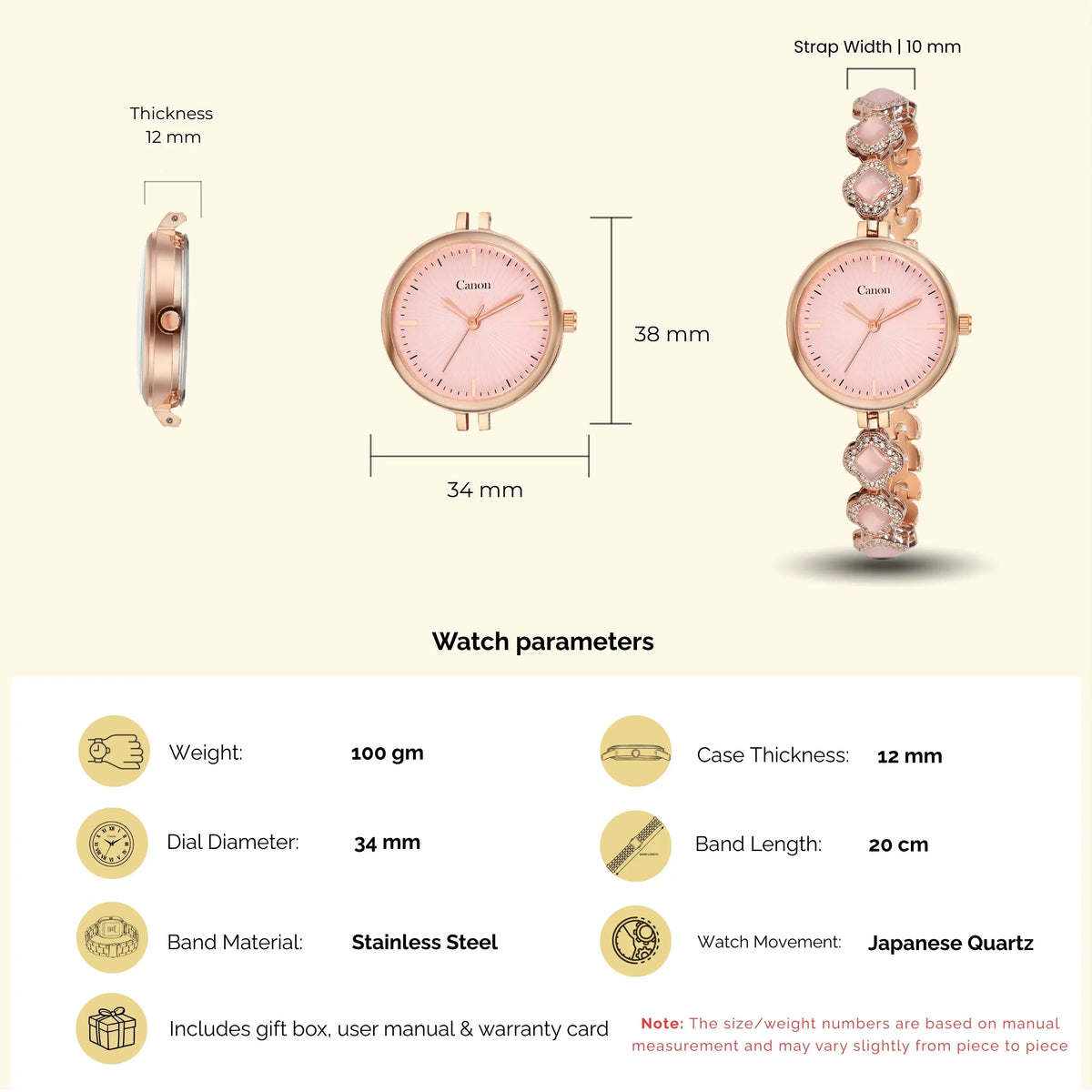 Elegant analog watch with rose gold case, pink dial, and gemstone bracelet, 34mm diameter