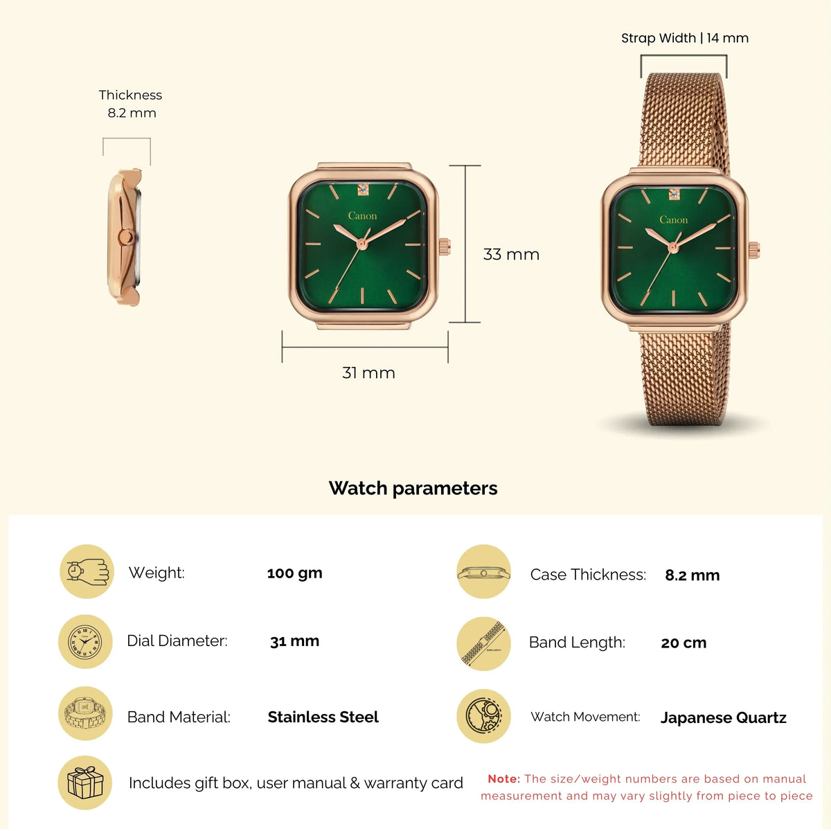 Square green dial analog watch with rose gold mesh band, dimensions and features listed.