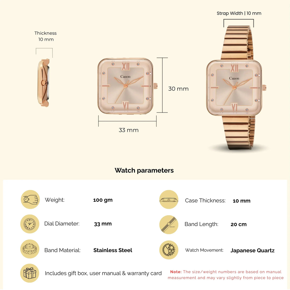Rose gold square dial analog watch with stainless steel band, 33mm face, 10mm thick, Japanese quartz movement, shown with detailed size dimensions.