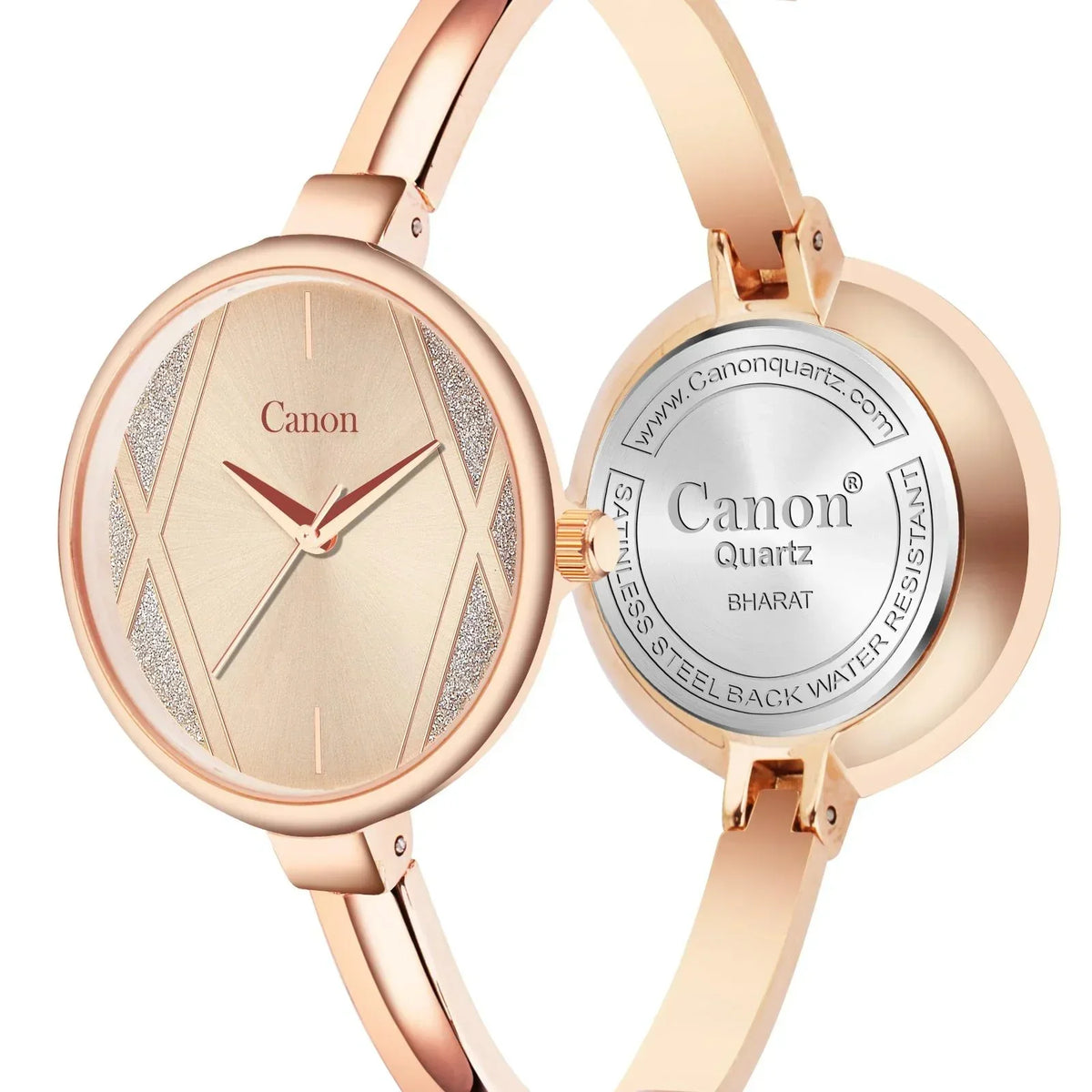 Rose gold analog women's watch with minimalist dial and metallic bracelet, close-up front and back view