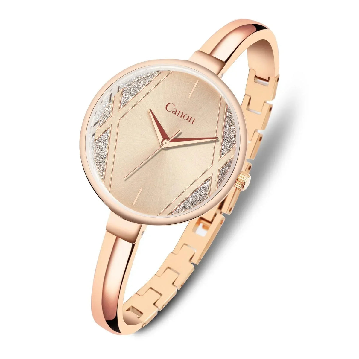 Rose gold women’s analog watch with geometric dial and slim metal bracelet on white background