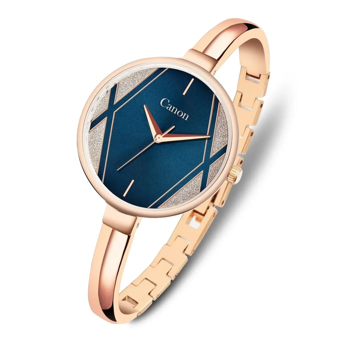 Elegant women's analog watch with rose gold strap and blue geometric dial on white background.