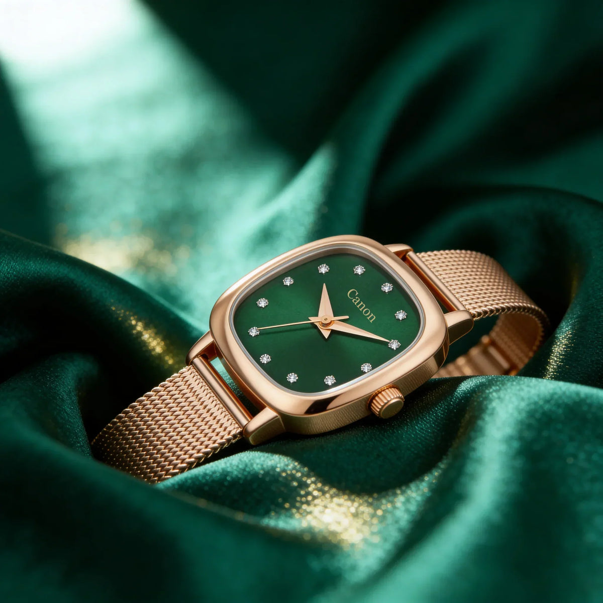 Elegant rose gold watch with green dial and diamond markers on velvet, luxury analog timepiece for women